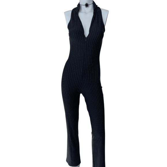 Moda Int’l Y2K Pinstripe Black Halter Jumpsuit Zip Front (Small/Medium) - Picture 5 of 9